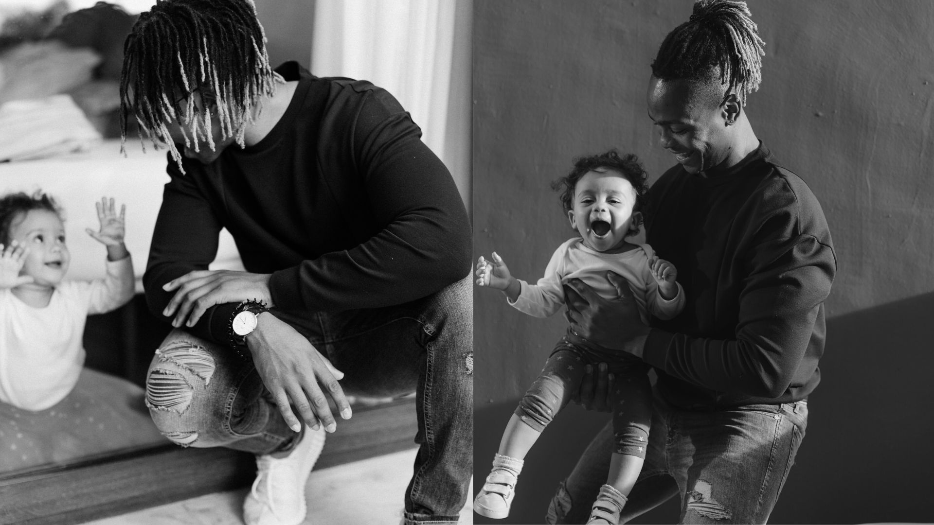 Composite of two black and white photos featuring two shots of a young Black father with their young child.